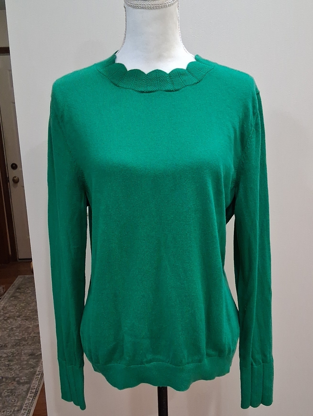 Boden Kelly Green Ruffle Mock Neck Sweater Cotton/Wool Blend Size 14